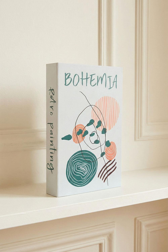 Bohem ve Retro Sanat Temalı Dekoratif Kitap Kutu - 'Bohemia' Yazılı Soyut Desenli Gizli Saklama Kutusu