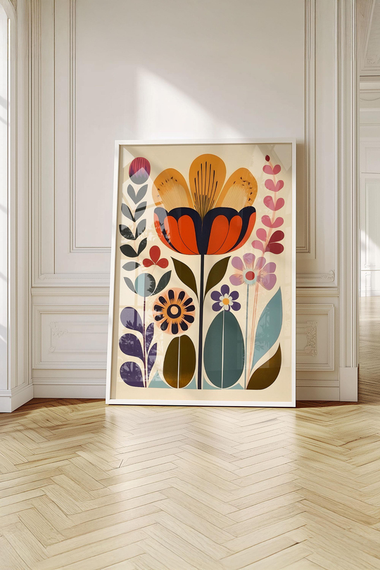Boho Folk-Art Turuncu Çiçek Aranjmanı - Beyaz Çerçeveli Tablo