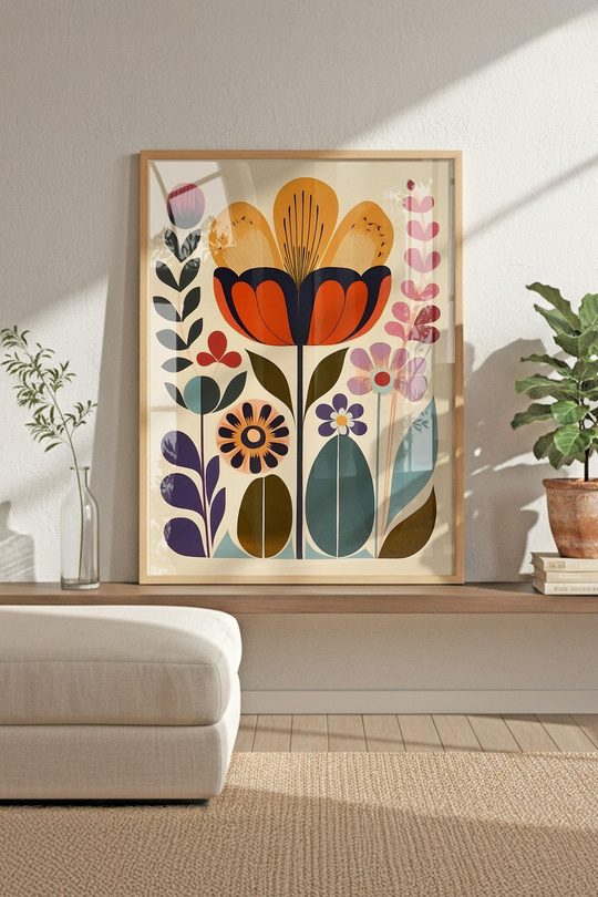 Boho Folk-Art Turuncu Çiçek Aranjmanı - Ahşap Çerçeveli Tablo