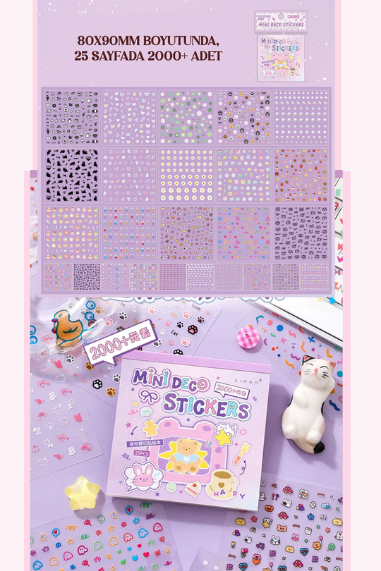 Bullet Journal ve Scrapbook Sticker Seti - 25 Sayfa 2000+ Adet Mini İkon ve Mor Ayıcık Temalı Ajanda Süsleme