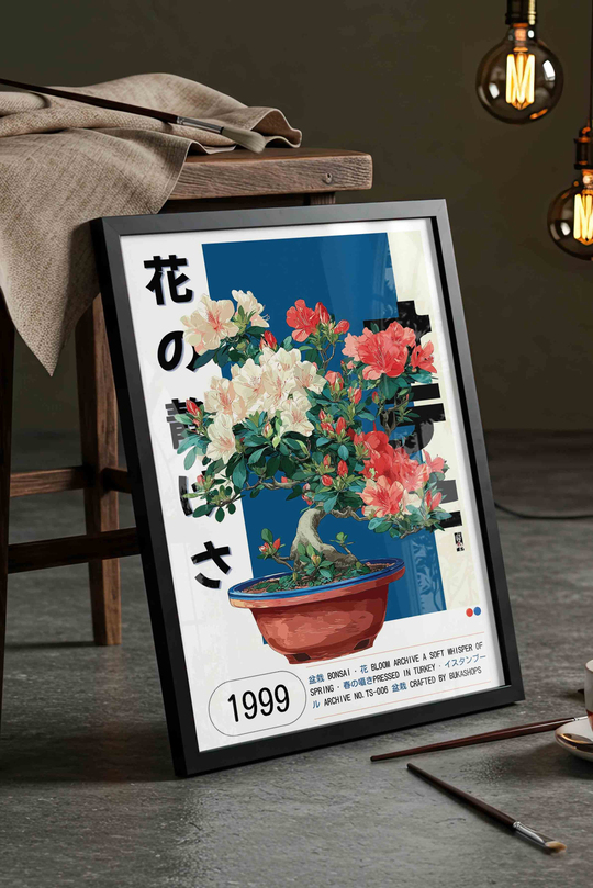 Çiçekli Bonsai Açelya Saksı Tablosu Retro – Botanik İllüstrasyon Sanat Posteri – Siyah Çerçeveli