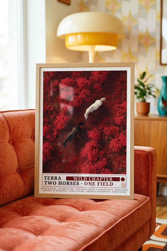 Çift At Tablosu Kırmızı Sonbahar Ormanı – TERRA Havadan Sanat Posteri – Ahşap Çerçeveli