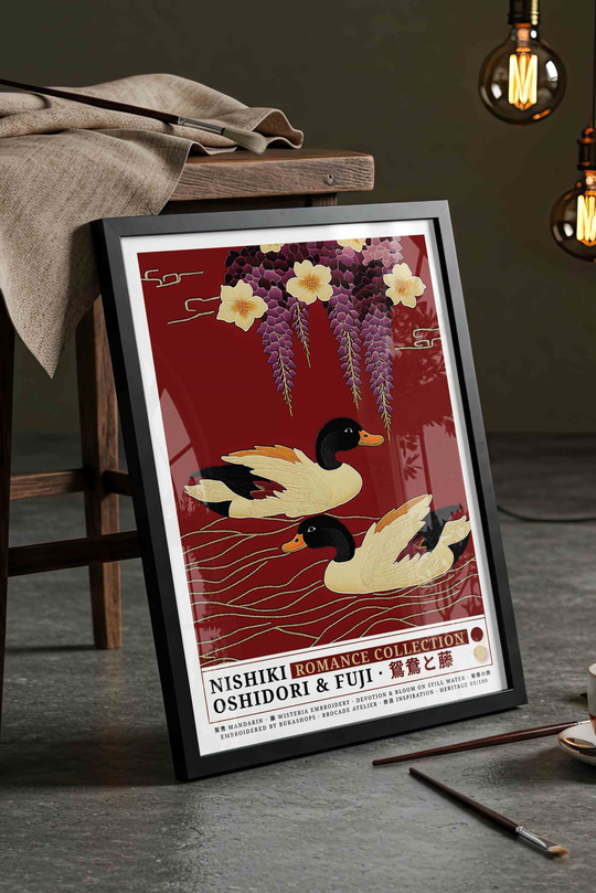 Çift Ördek Mor Salkım Çiçek Tablosu Kırmızı – NISHIKI Nakış Sanat Posteri – Siyah Çerçeveli