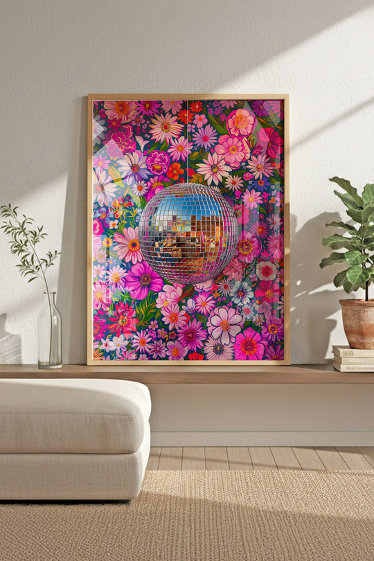 Dopamine Decor Çiçekli Disko Topu - Ahşap Çerçeveli Retro Tablo
