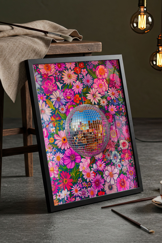 Dopamine Decor Çiçekli Disko Topu - Siyah Çerçeveli Retro Tablo