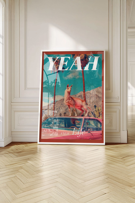 Dopamine Decor Retro Araba ve Lama - Beyaz Çerçeveli Sürreal Poster