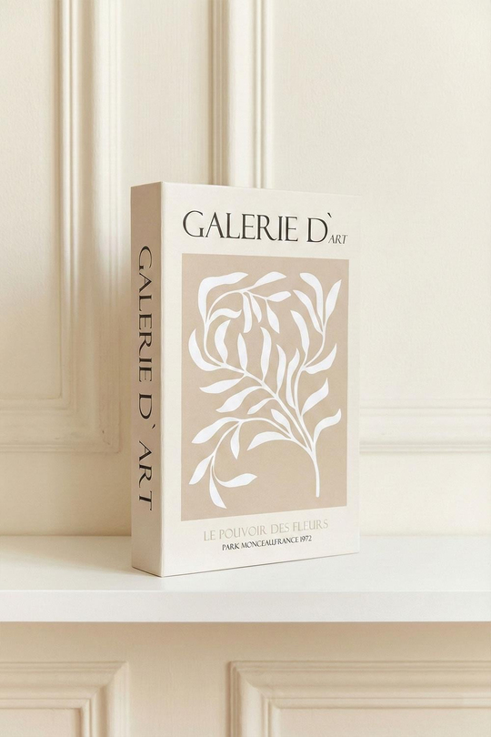 Galerie D'art Temalı Minimalist Dekoratif Kitap Kutu - Bej Yaprak Desenli ve Fransızca Yazılı Gizli Saklama Kutusu - Modern Dekor