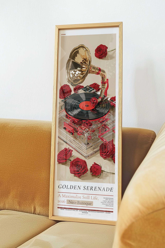 Gramofon ve Kırmızı Gül Tablosu Altın – Maksimalist Modern Dikey Sanat Posteri – Ahşap Çerçeveli