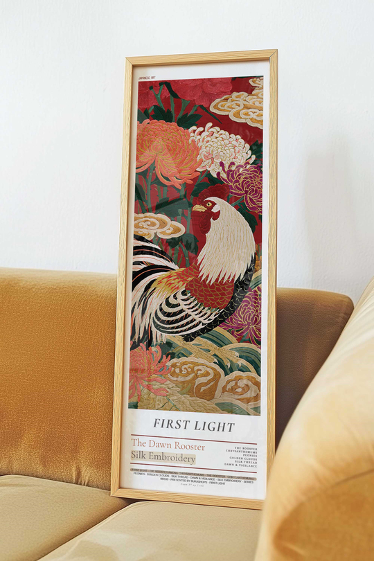Horoz ve Kasımpatı Çiçeği Tablosu Kırmızı – İpek Nakış Dikey Sanat Posteri – Ahşap Çerçeveli
