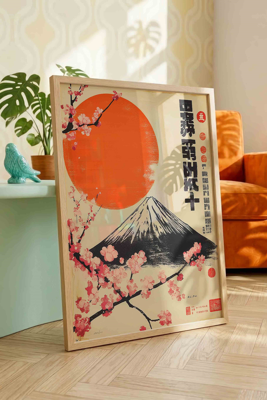 Japandi Tarzı Fuji Dağı ve Sakura Çiçekleri - Ahşap Çerçeveli Tablo