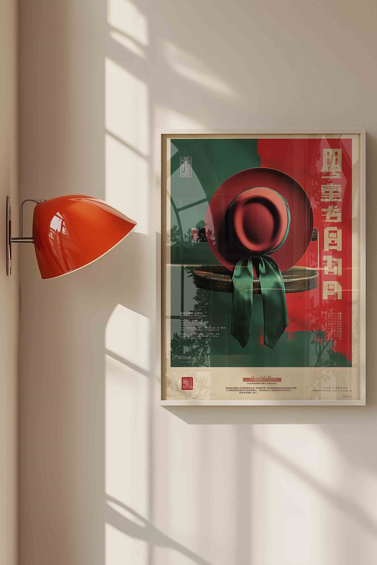 Japandi Tarzı Retro Kırmızı Şapkalı Uzak Doğu Afişi - Beyaz Çerçeveli Tablo