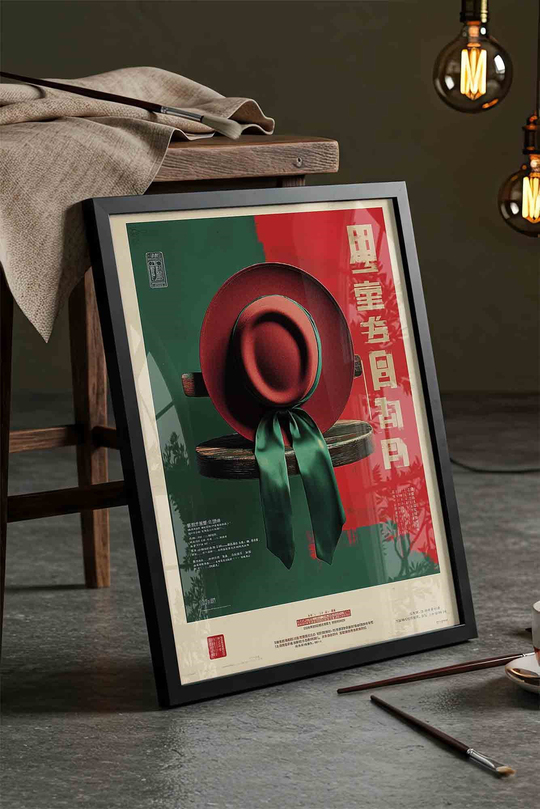 Japandi Tarzı Retro Kırmızı Şapkalı Uzak Doğu Afişi - Siyah Çerçeveli Tablo