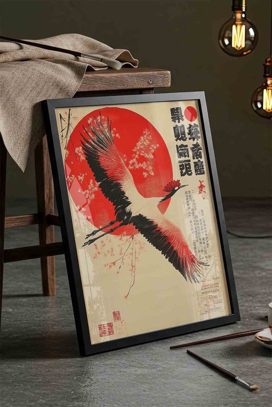 Japandi Tarzı Uçan Turna Kuşu ve Kızıl Güneş - Siyah Çerçeveli Tablo