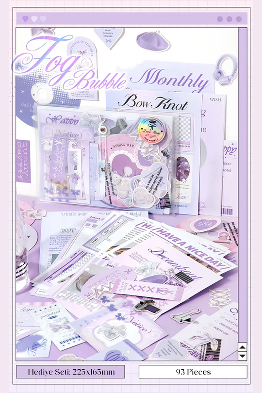 Journal ve Scrapbook Seti - 101 Parça Mor Coquette Tavşan Temalı Sticker ve Kağıt Kiti