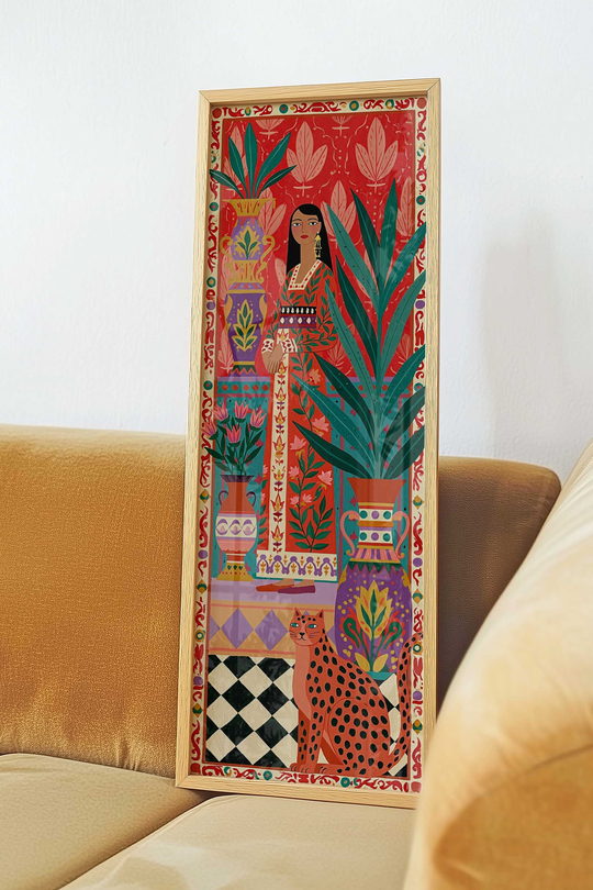 Kadın ve Leopar Folk Sanat Tablosu Kırmızı – Etnik Maksimalist Dikey Sanat Posteri – Ahşap Çerçeveli