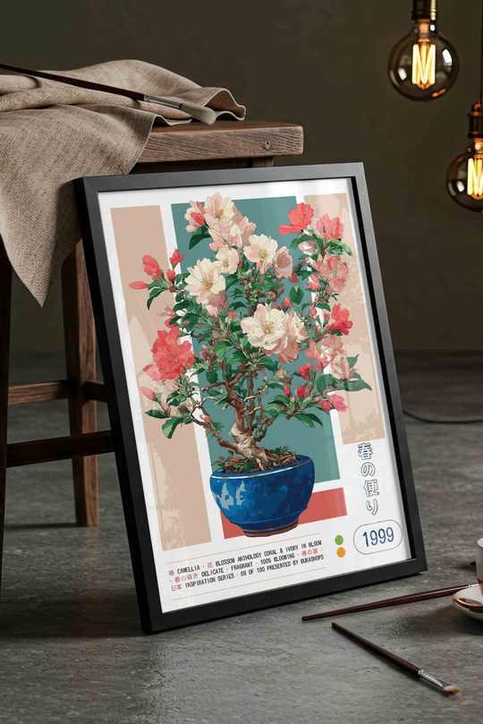 Kamelya Çiçeği Saksı Tablosu Pastel – Botanik Anime Sanat Posteri – Siyah Çerçeveli