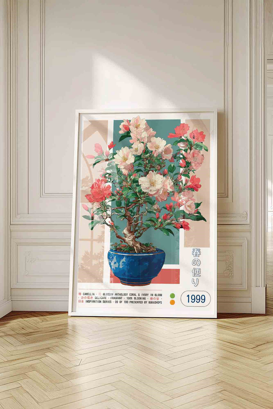 Kamelya Çiçeği Saksı Tablosu Pastel – Botanik Anime Sanat Posteri – Beyaz Çerçeveli