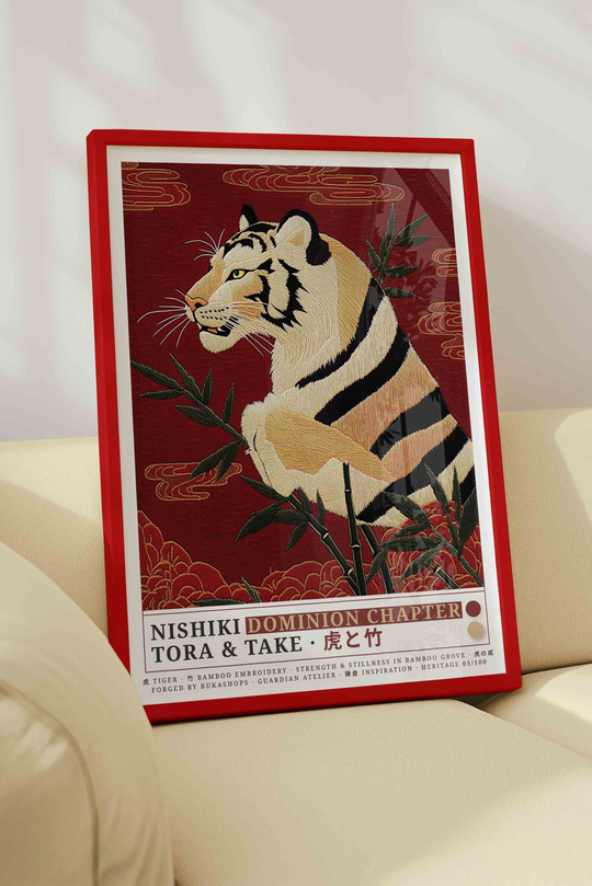 Kaplan Tablosu Kırmızı Bambu Orman – NISHIKI Nakış Sanat Posteri – Kırmızı Çerçeveli