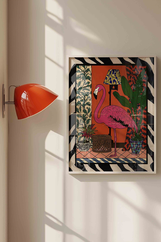 Maksimalist Pembe Flamingo Dopamin Dekor - Beyaz Çerçeveli Tablo