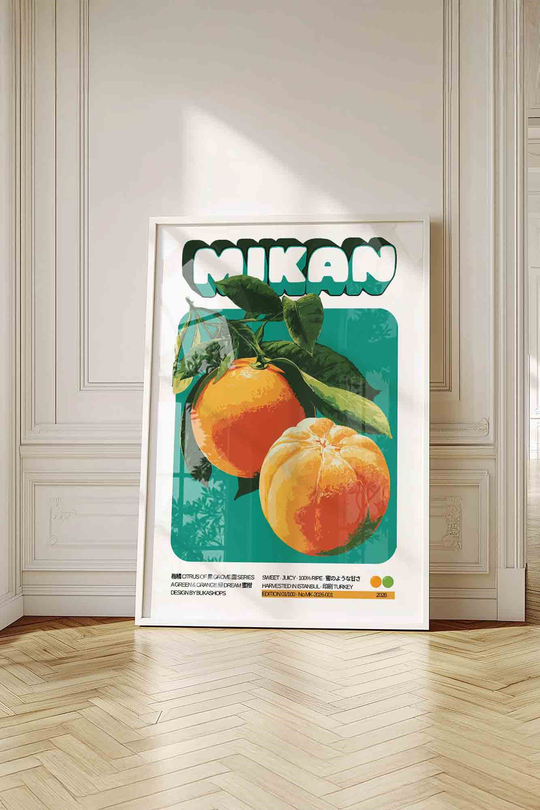 Mandalina Meyve Tablosu Retro – Vintage İllüstrasyon Sanat Posteri – Beyaz Çerçeveli