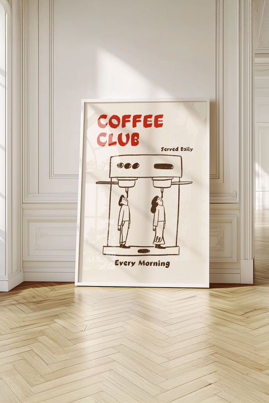 Minimalist Coffee Club Kahve Makinesi Çizimi - Beyaz Çerçeveli Esprili Mutfak Tablosu