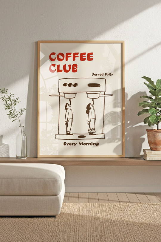 Minimalist Coffee Club Kahve Makinesi Çizimi - Ahşap Çerçeveli Esprili Mutfak Tablosu
