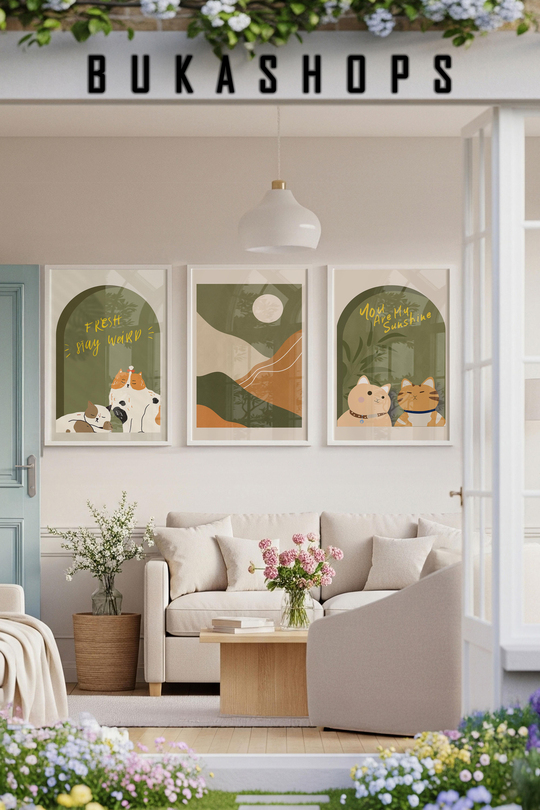 Modern Çizim Kedi Temalı 3'lü Duvar Tablosu Seti - Beyaz Çerçeveli