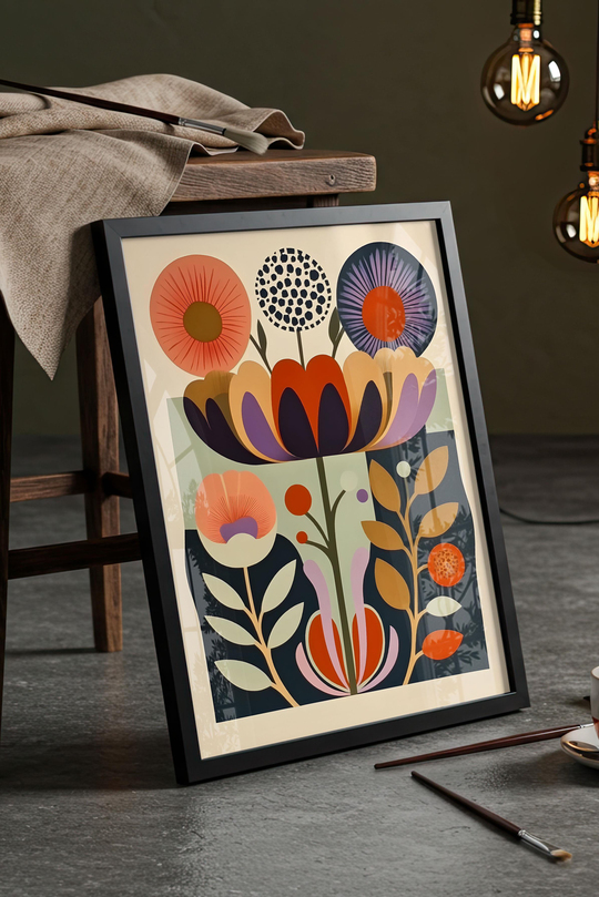 Modern Folk-Art Çiçek Bahçesi - Siyah Çerçeveli Tablo