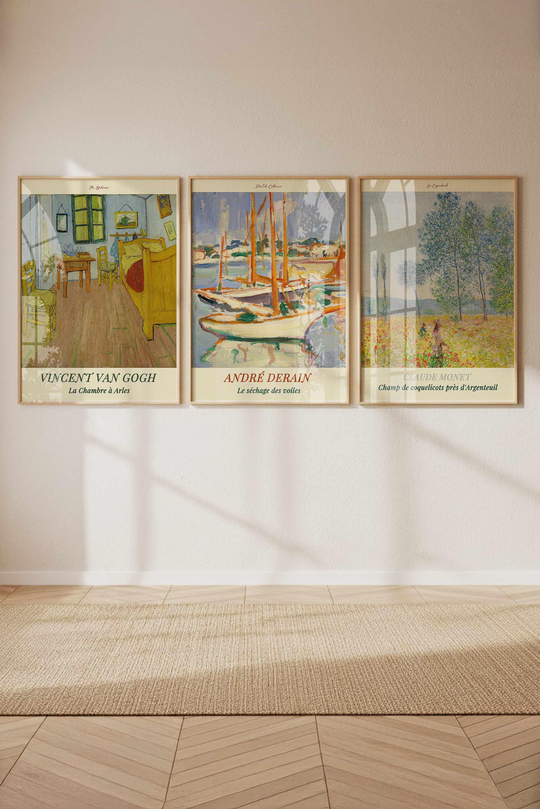 Monet, Van Gogh, Derain 3'lü Çerçeveli Tablo Seti Çerçeveli Renk Seçenekli