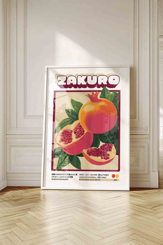 Nar Meyve Tablosu Retro – Vintage İllüstrasyon Sanat Posteri – Beyaz Çerçeveli