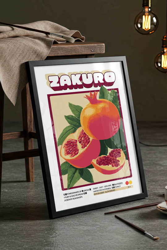 Nar Meyve Tablosu Retro – Vintage İllüstrasyon Sanat Posteri – Siyah Çerçeveli