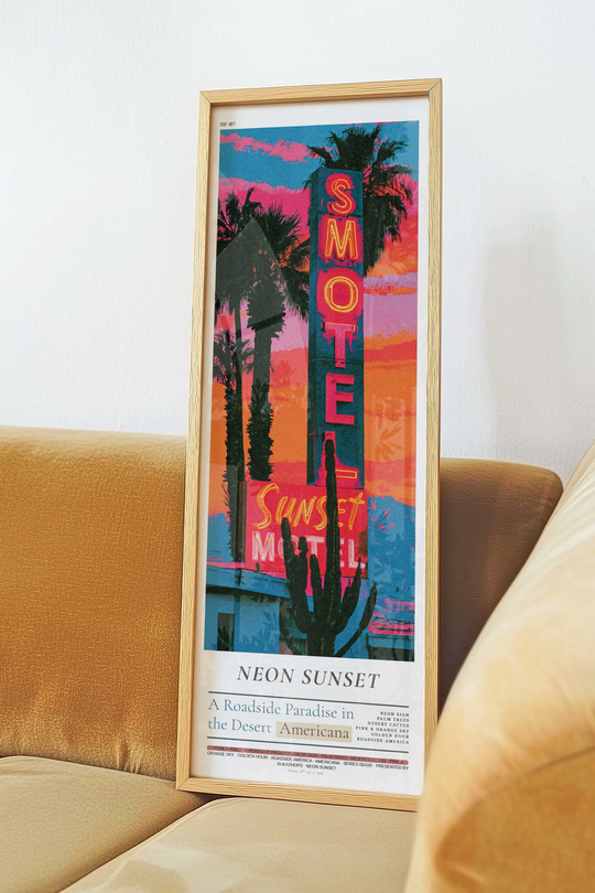 Neon Motel Gün Batımı Tablosu Palmiye – Retro Pop Art Dikey Sanat Posteri – Ahşap Çerçeveli