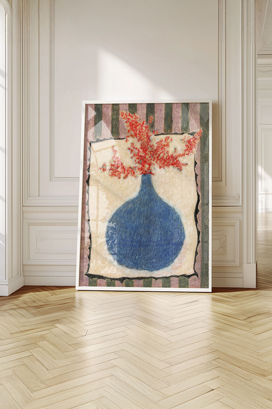 Pastel Dokulu Mavi Vazo Natürmort Tablo - Beyaz Çerçeveli Boho Sanat