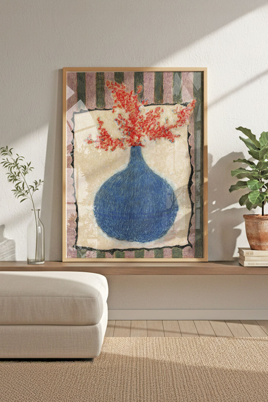 Pastel Dokulu Mavi Vazo Natürmort Tablo - Ahşap Çerçeveli Boho Sanat