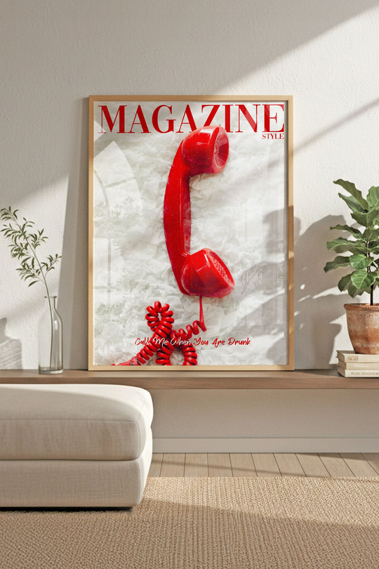 Pop-Art Magazine Kırmızı Telefon Poster - Ahşap Çerçeveli Eğlenceli Dopamine Decor Tablo