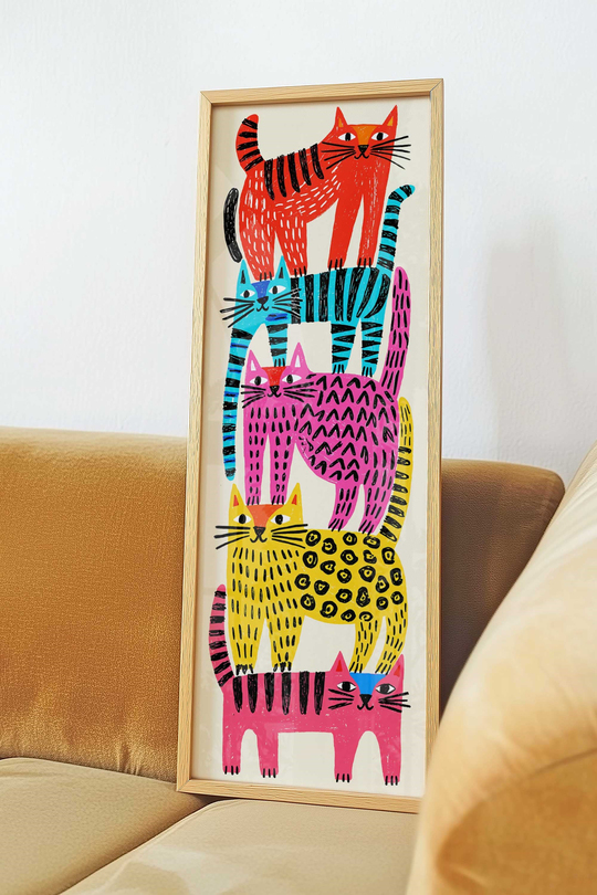 Renkli Kediler Tablosu Naif Sanat – Neşeli Modern Dikey Sanat Posteri – Ahşap Çerçeveli