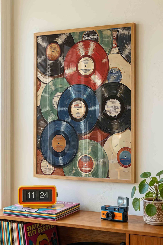 Renkli Plaklar Retro Dopamin Dekor - Ahşap Çerçeveli Tablo