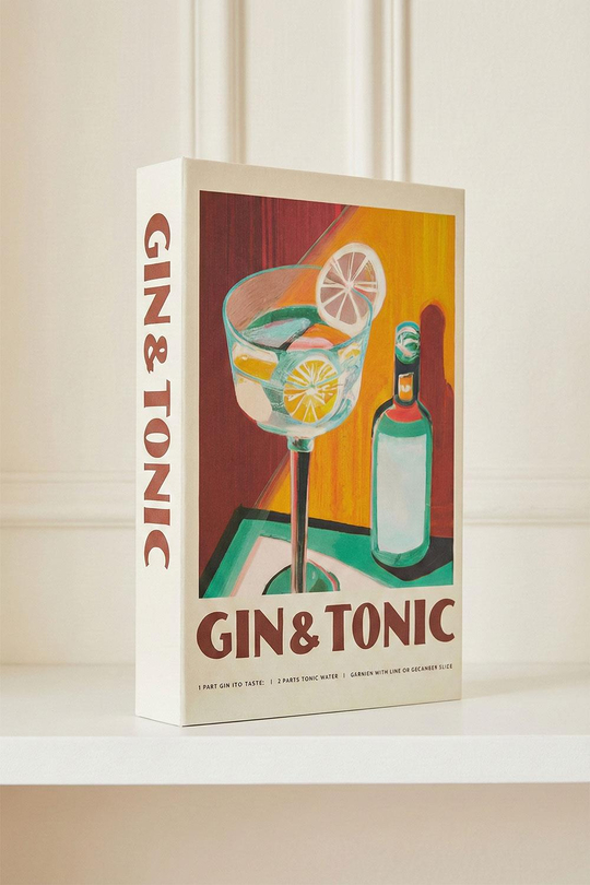 Retro Kokteyl Temalı Dekoratif Kitap Kutu - Gin & Tonic Desenli ve Tarifli Gizli Saklama Kutusu - Bar ve Salon Aksesuarı