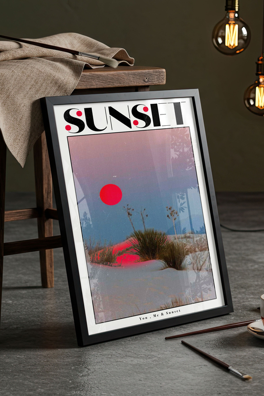 Retro Sunset Manzara Tablosu - Siyah Çerçeveli Sürreal Poster