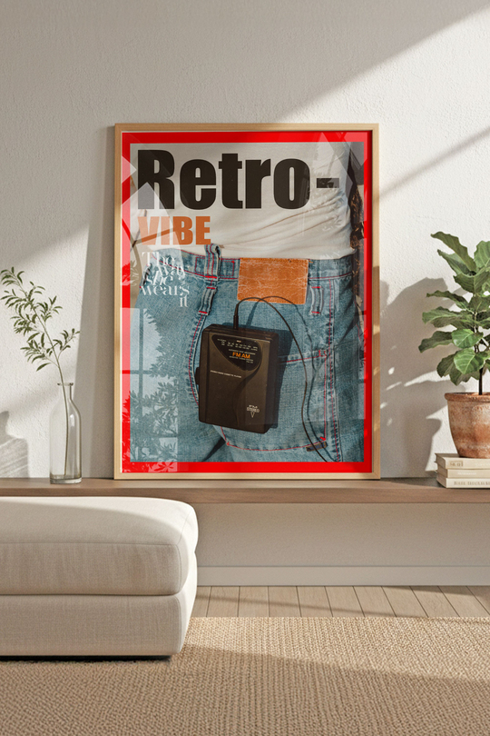 Retro Vibe Walkman Dergi Kapağı - Ahşap Çerçeveli Vintage Nostalji Tablosu