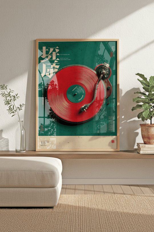 Retro Vinyl & Pikap Esintisi - Ahşap Çerçeveli Tablo