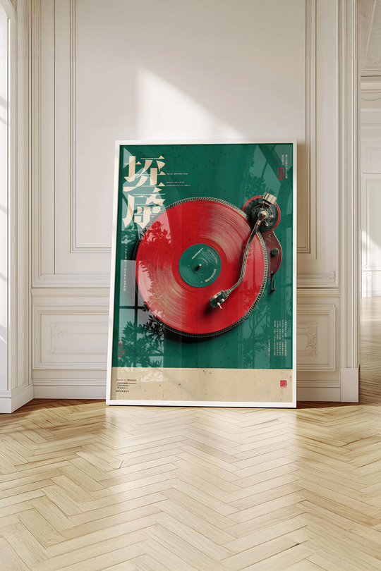 Retro Vinyl & Pikap Esintisi - Beyaz Çerçeveli Tablo