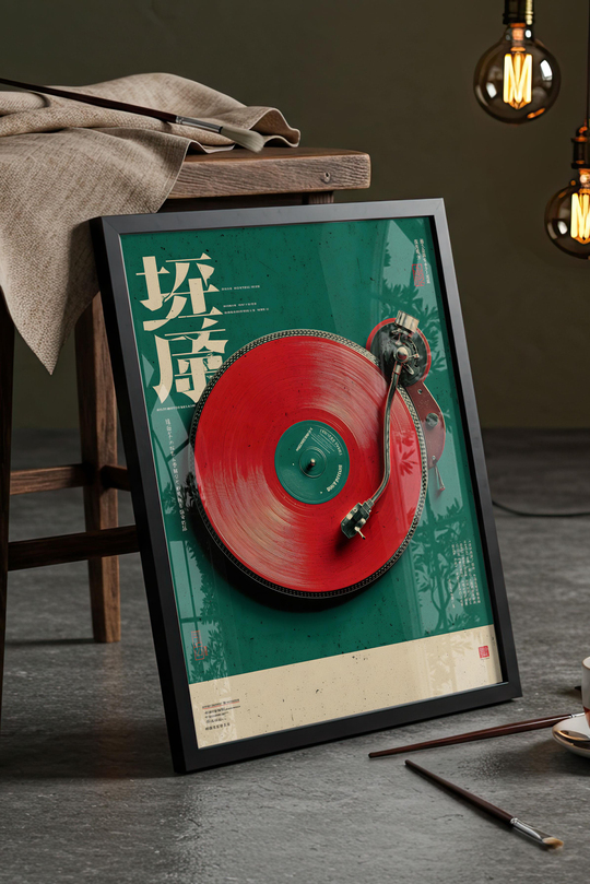 Retro Vinyl & Pikap Esintisi - Siyah Çerçeveli Tablo