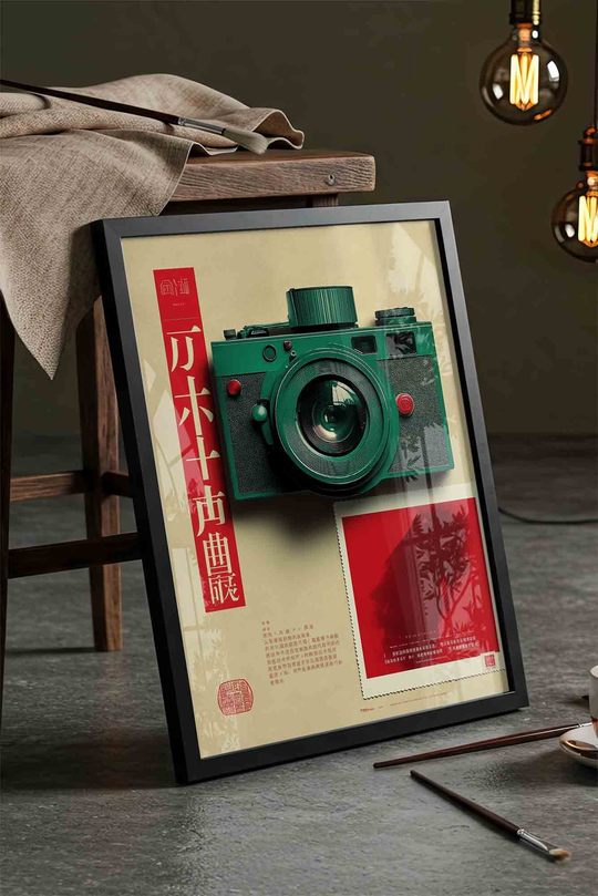 Retro Yeşil Fotoğraf Makinesi Dopamin Dekor - Siyah Çerçeveli Tablo