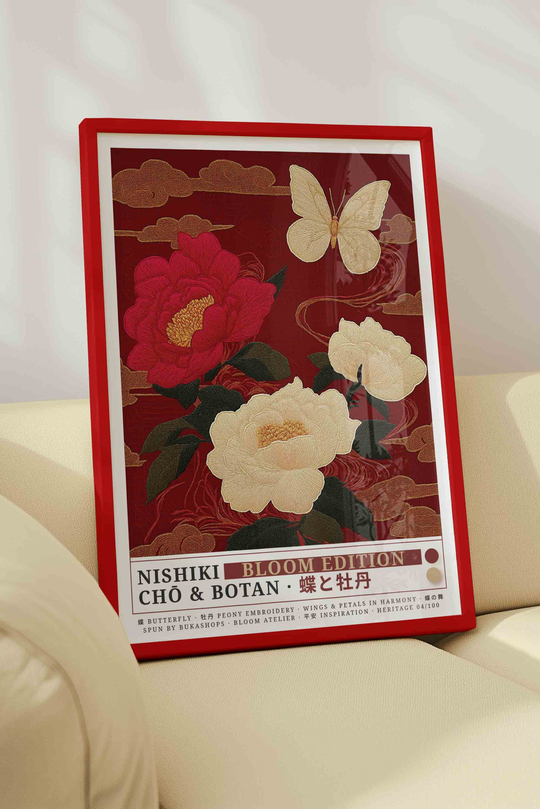 Şakayık Çiçeği Kelebek Tablosu Kırmızı – NISHIKI Nakış Sanat Posteri – Kırmızı Çerçeveli