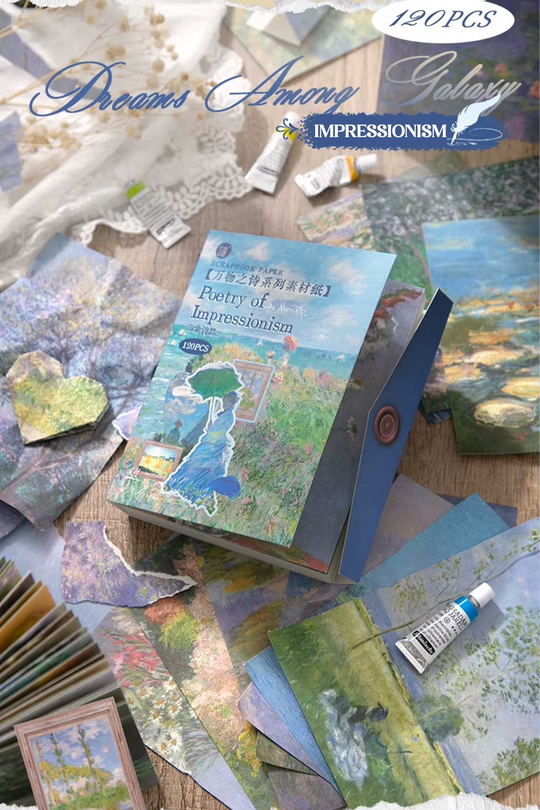 Scrapbook ve Junk Journal Materyal Kağıdı 120 Yaprak Monet ve Empresyonizm - Tekrarsız Desenli Arka Plan ve Kolaj Kağıdı, Hediye Kutulu