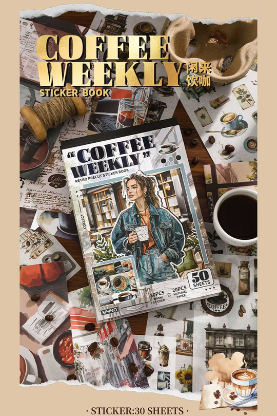 Scrapbook ve Junk Journal Sticker Seti 50 Sayfa Kahve ve Kafe Temalı - 30 Sticker + 20 Materyal Kağıdı, Bullet Journal ve Ajanda Süsleme