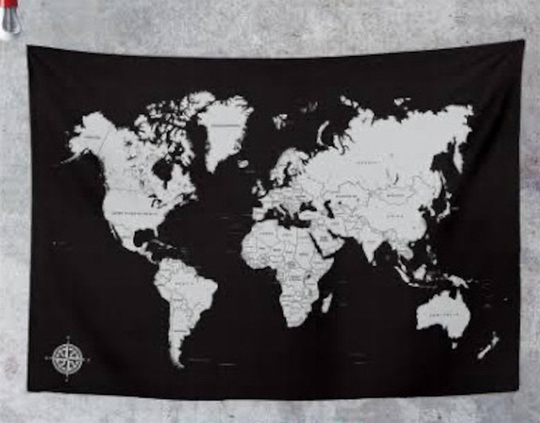 Siyah Dünya Haritası Duvar Halısı 70x90cm