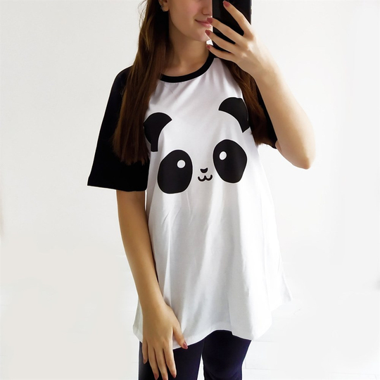Siyah Kol Detay Panda T-Shirt