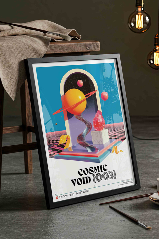 Soyut Gezegen Uzay Tablosu Vaporwave – Sürreal Y2K Sanat Posteri – Siyah Çerçeveli